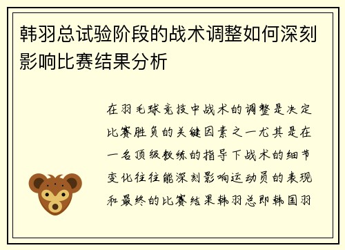韩羽总试验阶段的战术调整如何深刻影响比赛结果分析 韩羽总试验阶段的战术调整如何深刻影响比赛结果分析